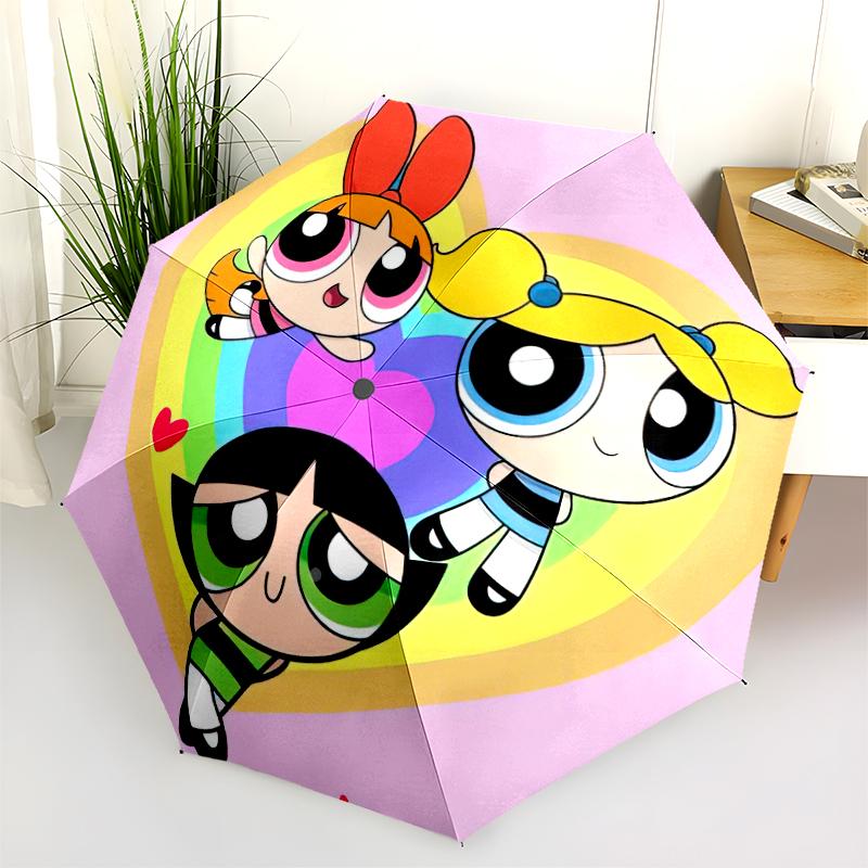 1PC The Powerpuff Girls Umbrella Portable Folding Umbrella Iron Frame Hole Bone Structure Outdoor Home Umbrella A7