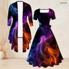 Women Plus Size Two Piece Set Three Quarter Sleeve Cardigan Square Neck Short Sleeve Tie Waist Flared Printed Dress