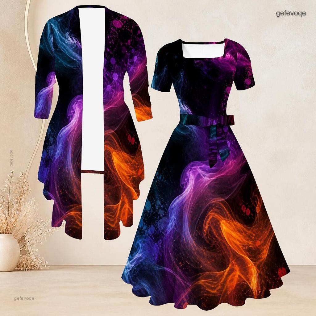 Women Plus Size Two Piece Set Three Quarter Sleeve Cardigan Square Neck Short Sleeve Tie Waist Flared Printed Dress