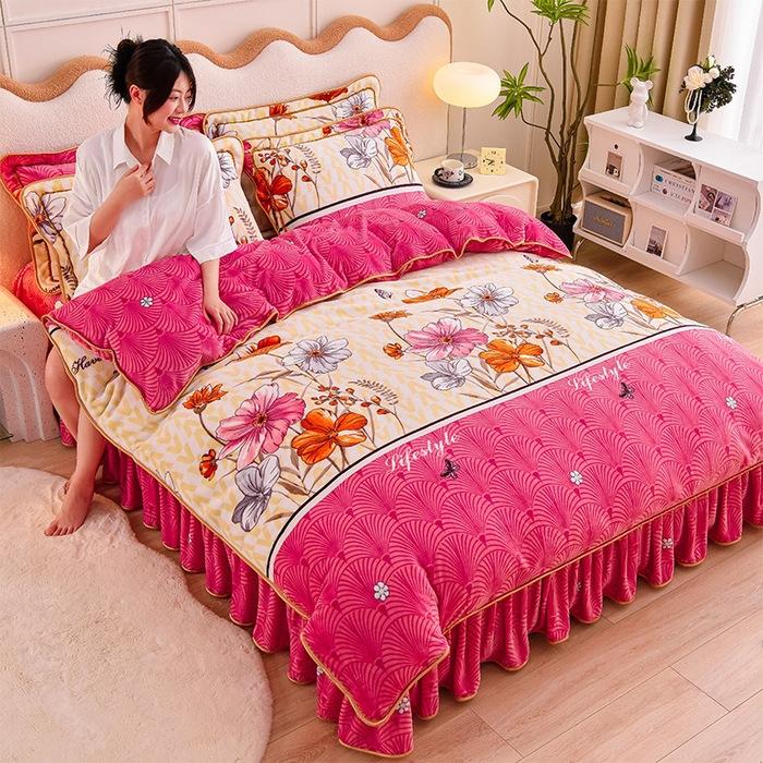 Thickened Milk Fleece Four-Piece Warm Double-Sided Coral Fleece Quilt Cover Flannel Sheet Bed Skirt Bedding