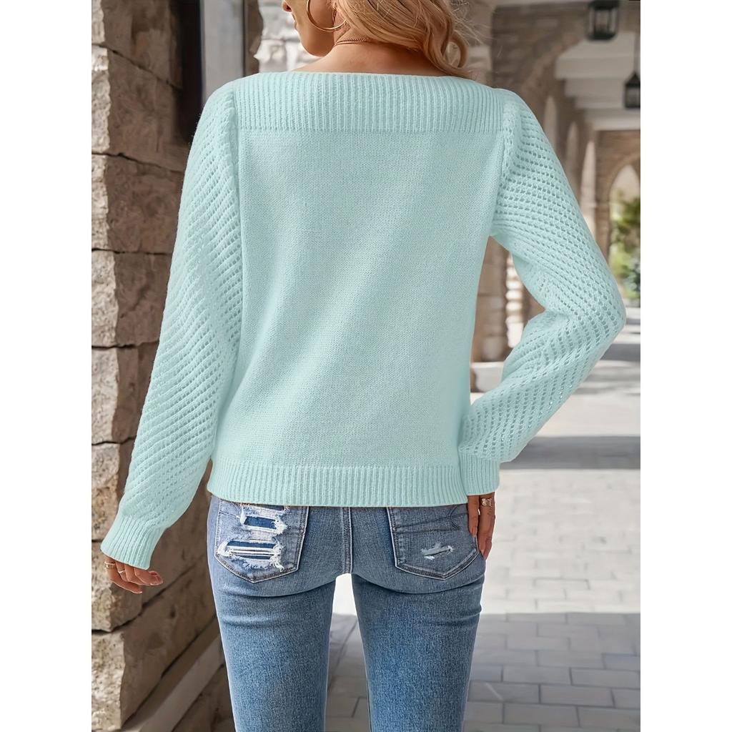 Suéter de Mujer Primavera y Otoño Color Sólido Calado Manga Larga Un Hombro Jersey de Punto Top