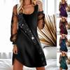 Women's Midi Dress U Neck See Through Long Sleeve Dress Shiny Sequin Patchwork Irregular Hem Pullover Mini Dress