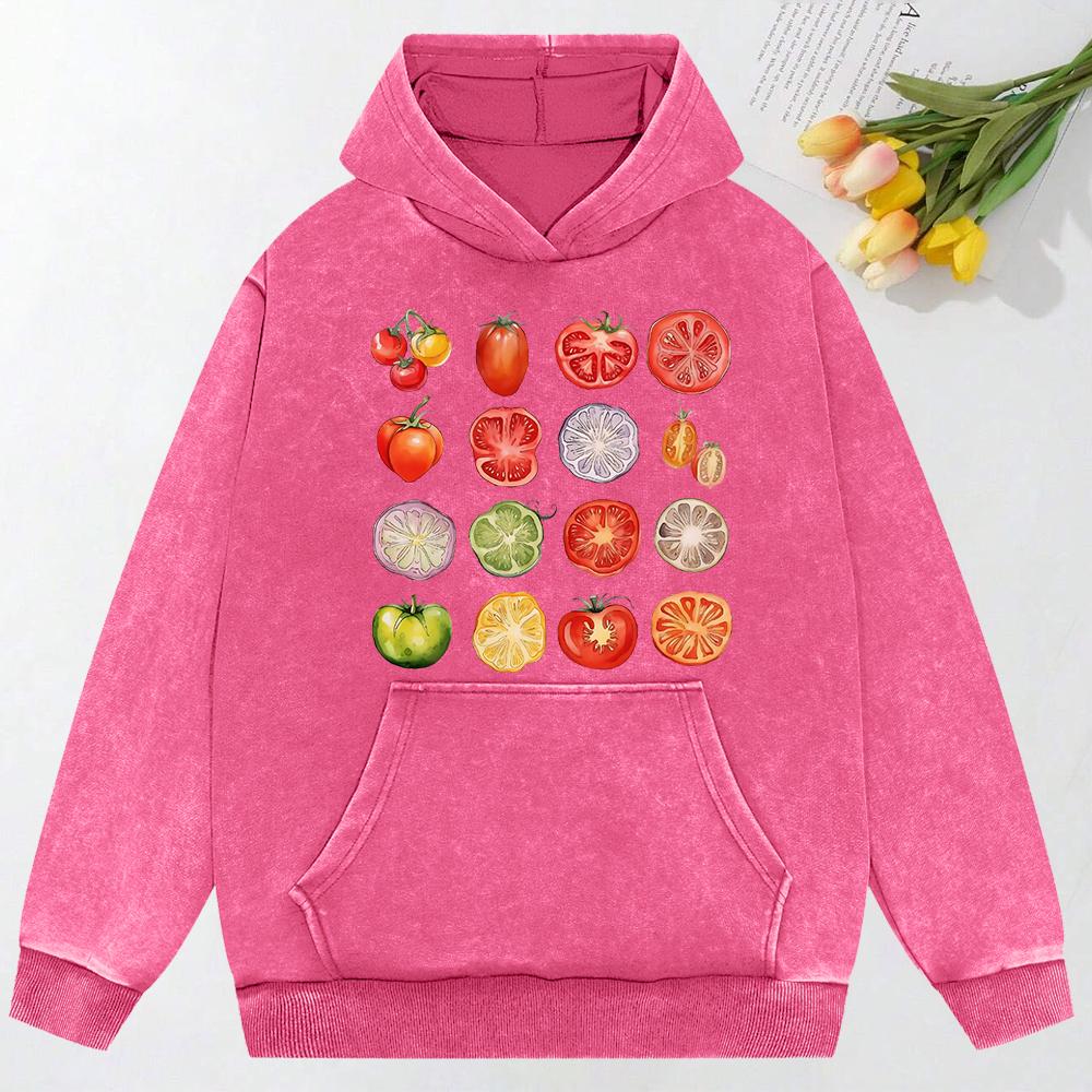Tomato Variety Collection Chart Print Washed Women Clothes Creativity Cotton Hoodie Pocket Pullover Casual Hoody