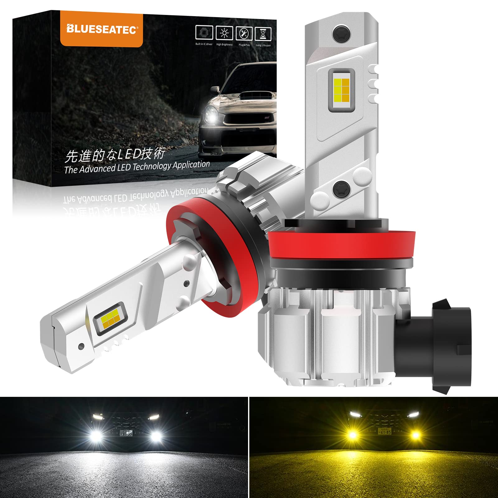 

BLUESEATEC 2-Color Switching H8 H11 H16 LED Fog Lamp, 60 W, 13,000 LM, Explosive H8/H11/H16