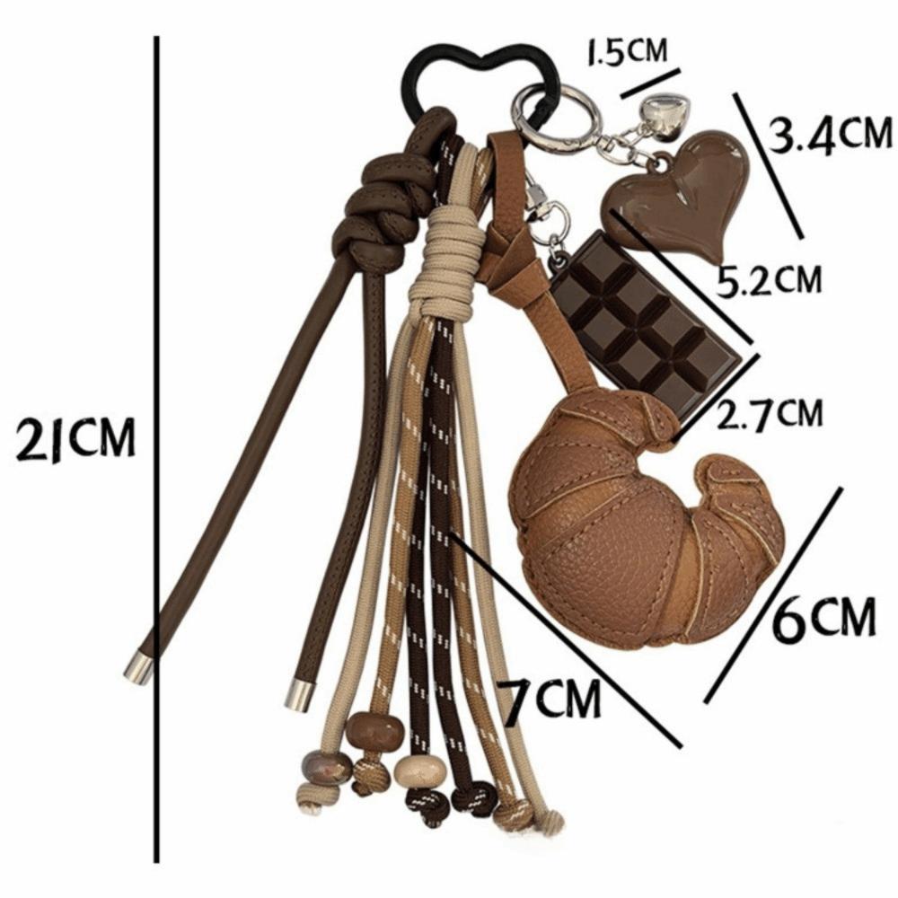 New Braided Rope Croissant Keychain Heart Chocolate Bag Pendant Leather Bread Shape Bag Charms Ornaments Bag Decoration