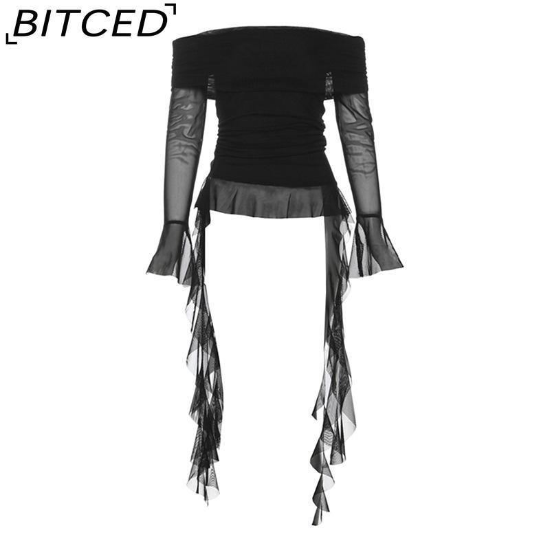 

BITCED Autumn Women s Solid-Colour Slim-Fit Streetwear Off-the-Shoulder Long-Sleeved Backless Top L чёрный