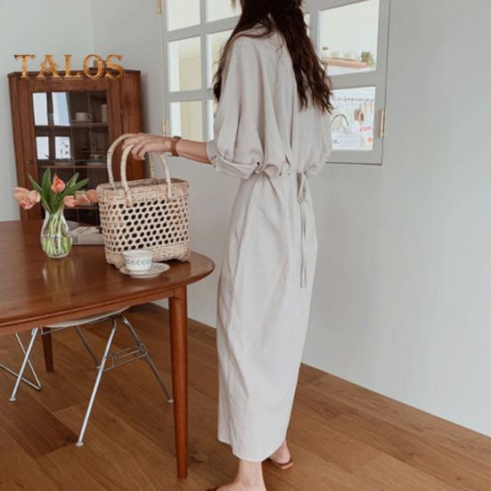 Women Spring Fall Dress Loose Lapel Solid Color Single-breasted Split Hem Soft Long Sleeve Retro Casual Commute Pleated Maxi Dress