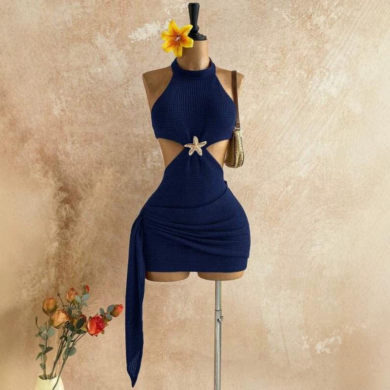 Summer Sexy High Neck Halter Mini Dress Starfish Decor Cut Out Waist Ruched Draped Tie Bodycon Vacation Beach Party Short Dress for Date Night Wear