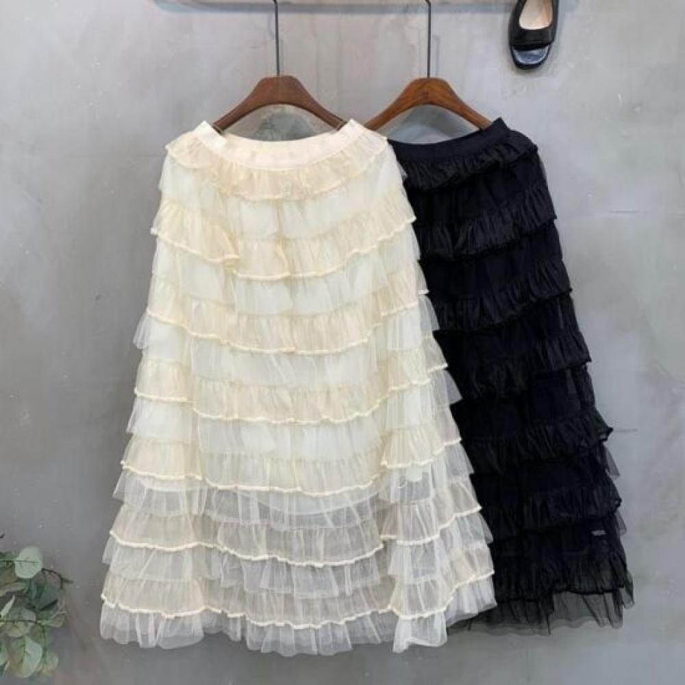C S In The Room Low Frill Ruffle See Through bandIng Long Skirt C