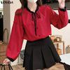 VONDA Women Casual Lace-up Neck Long Sleeve Stitching Solid Color Loose Blouse