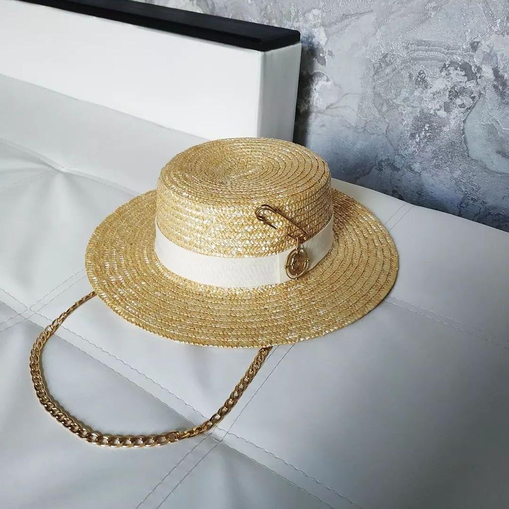 2023 Summer sun hat Lafite grass French straw hat Women's chain decorated straw hat Holiday Sun hat Punk style beach