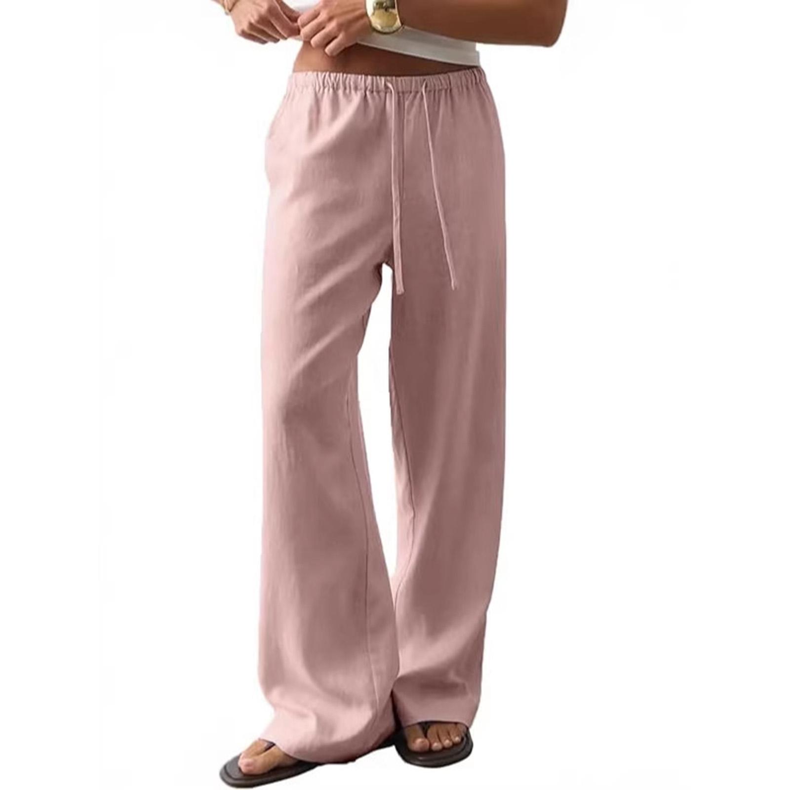 

Women s Loose Straight Vacation Waist Beach Trousers Drawstring Pocket Casual Pants XL рожевий