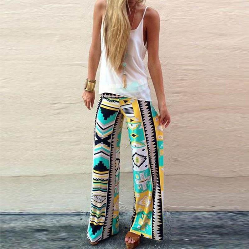 Women Bohemia Long Pants Floral Print Straight Casual Loose Trousers With Micro Fiber Material