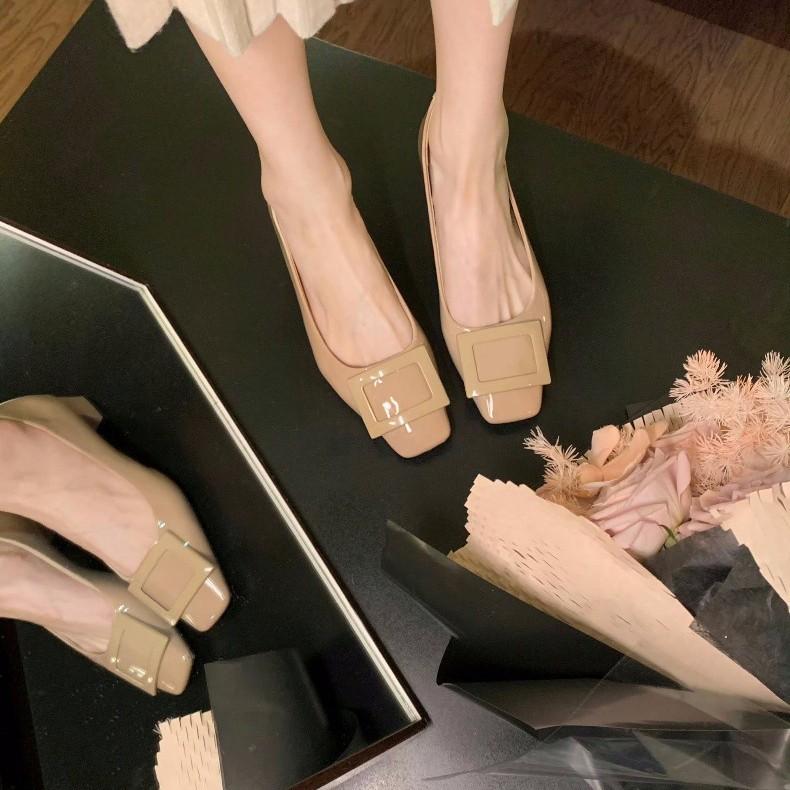 Sheepskin Version~ Square Buckle Thick Heel Square Head Temperament High Heels Single Shoes Women's Leather Soft Sole Mary Jane Shoes