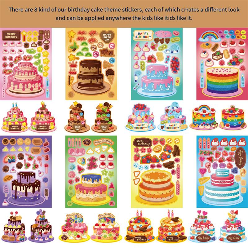 Make-a-Cake Sticker Sheets DIY Make Your Own Birthday Cake Puzzle Stickers for Kids Boys Girls Party Favor Games Toys Gifts