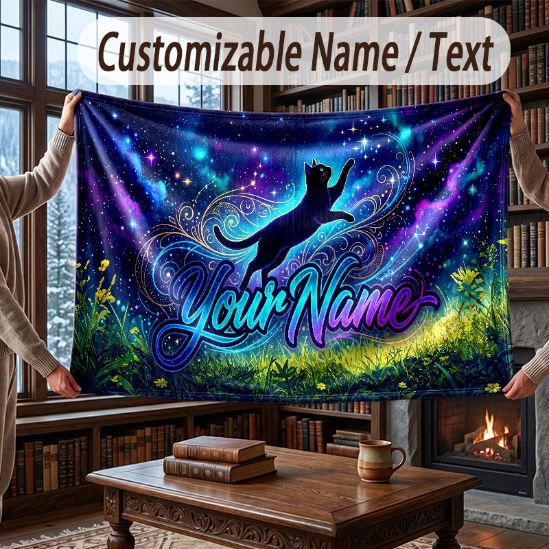 Cat Theme Throw Blanket Custom Name Text Personalized Blanket Soft Cozy Blanket for Home Sofa Bed