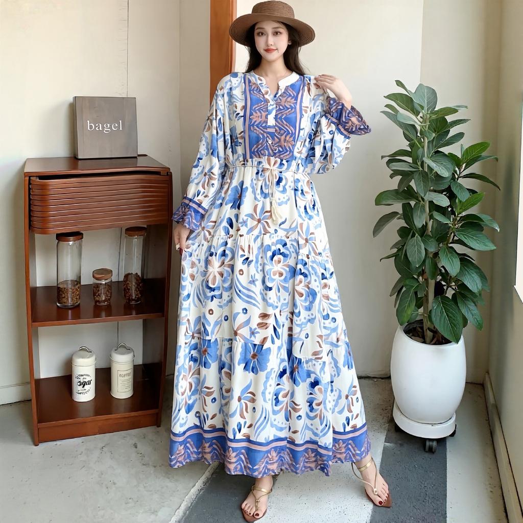 South East Asia People Cotton Floral Long Dress Bohemian Long Sleeve Loose Dress Fat Girl Plus Size Maternity Skirt