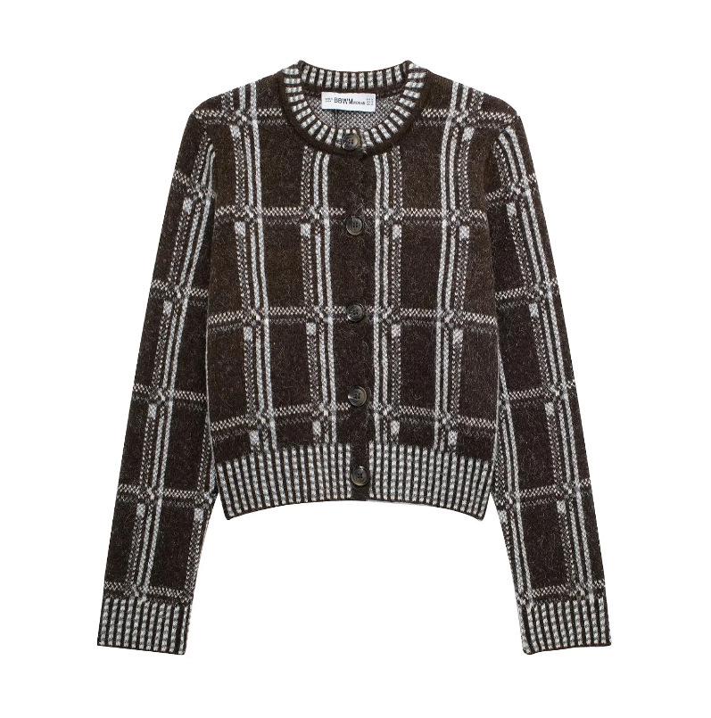 

TAOP&ZA Женский клетчатый вязаный кардиган-пальто на раннюю весну - Круглый вырез, Однобортный стиль Small