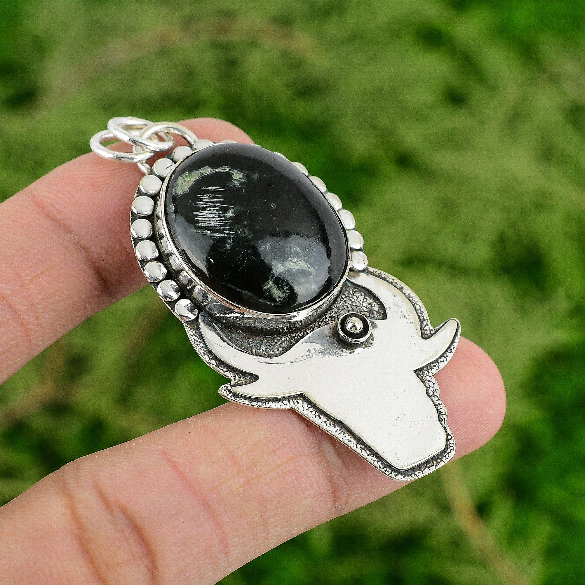 

Sterling Silver Oval Natural Seraphinite Bezel Wife Ethnic New Pendant Jewelry