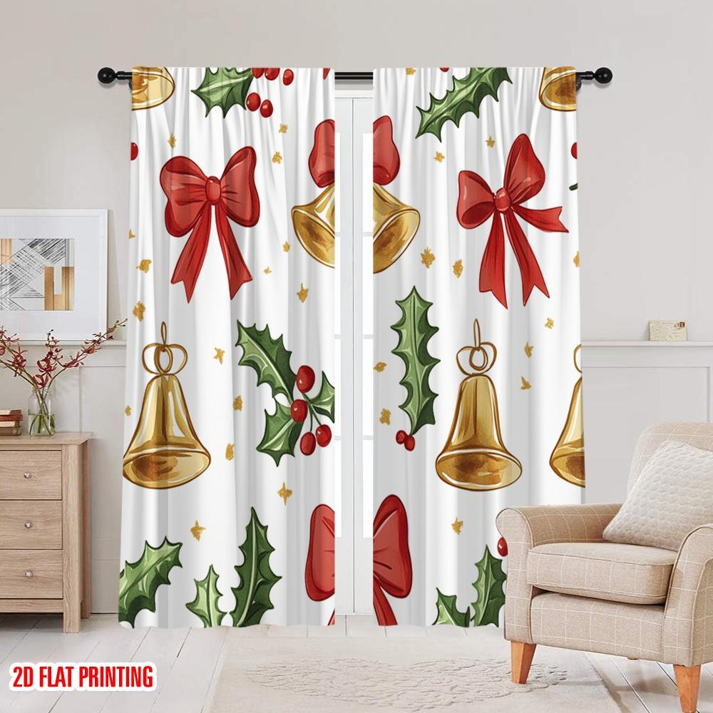 2 Stück, 2D-Flachdruck Vorhänge & Fensterdekoration Weihnachtsglocken Stechpalme Schleifen_a (4) Strapazierfähiger 100% Polyesterstoff (ohne Stange)