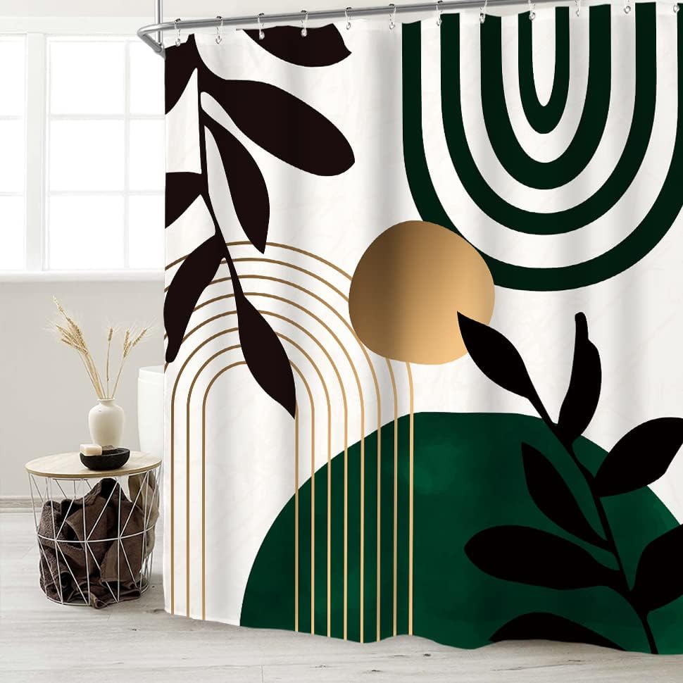 Miyotaa Emerald Green Abstract Shower Curtain Set 60Wx71H Inches Modern Mid Century Sun Leaves Plant Aesthetic Neutral Simple Ge