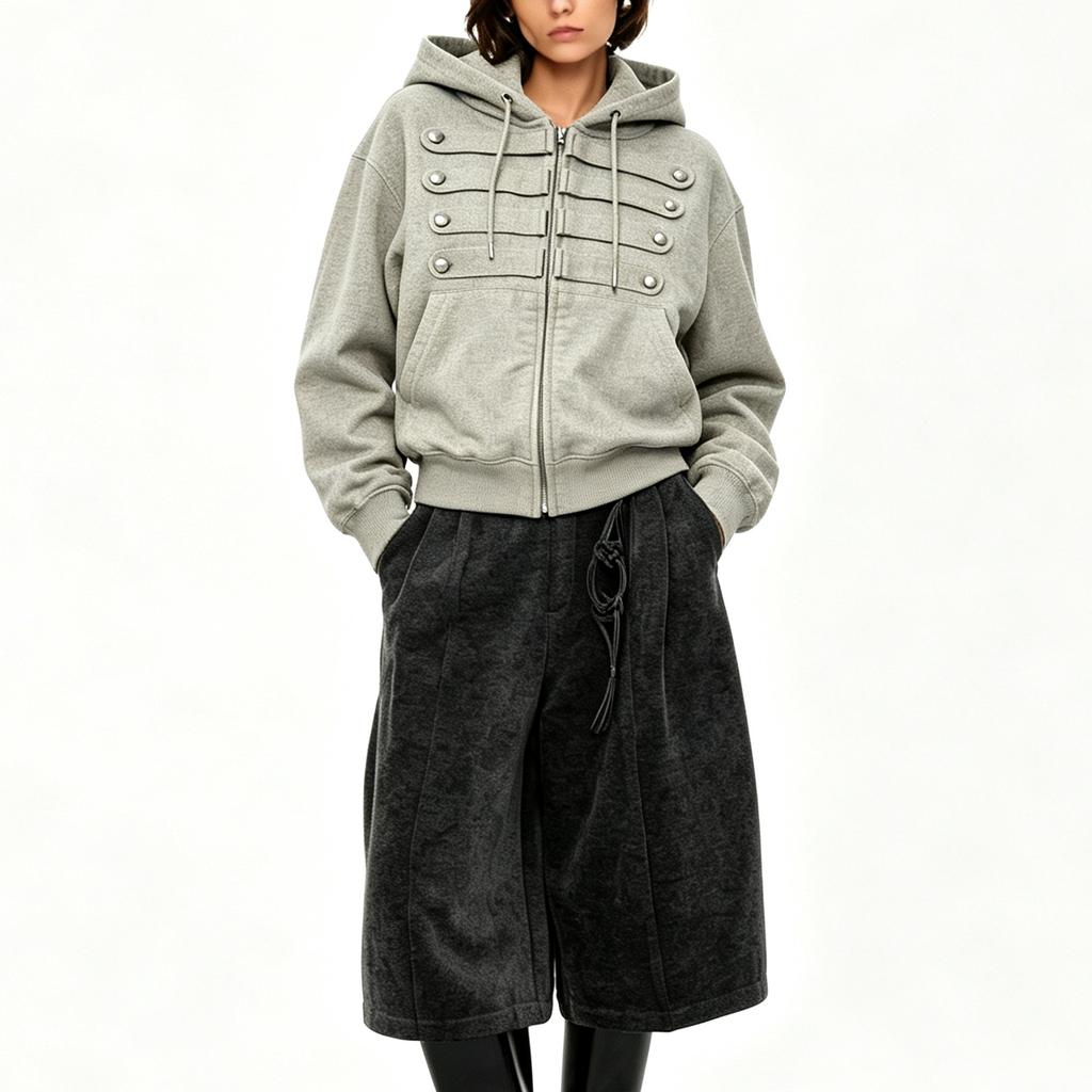 Women's Double-Breasted Hooded Zip-Up Sweatshirt Jacket with High Street