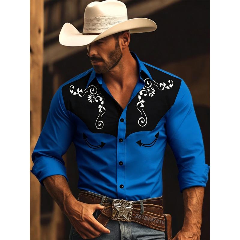 Nuova Camicia da Uomo a Maniche Lunghe, Stile Western Cowboy con Stampa a Fantasia Vintage, Top da Uomo alla Moda a Maniche Lunghe con Collo a Revers.