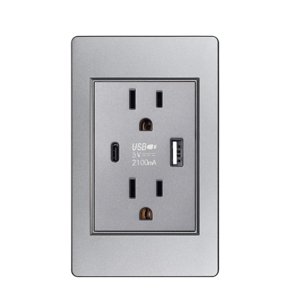 US Standard Wall Socket with USB Type-C Charging Port 5V 2.1A, 118*72mm PC Panel