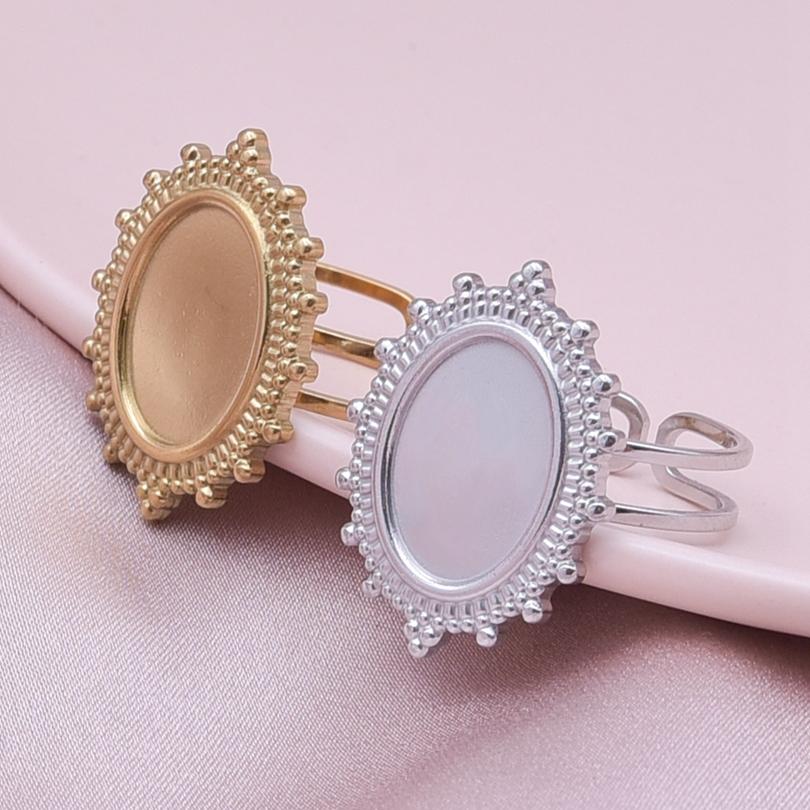 Fashion DIY Drip Oil Rhinestone Round Oval Water Droplets Blank Settings Open Adjustable Stainless Steel Ring For Women Men Gift