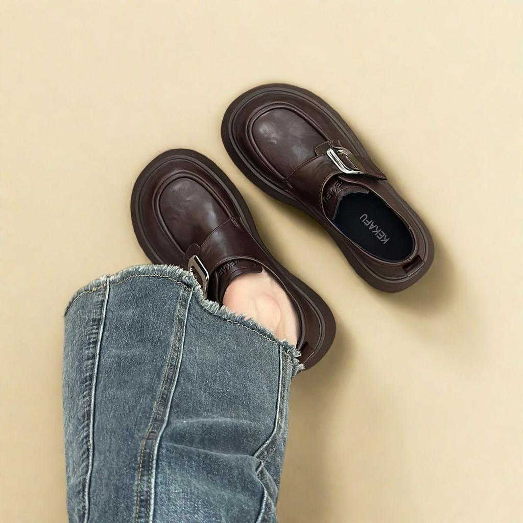Muffin platform loafers Velcro versatile round head single shoes 2025 spring and autumn new brown retro small leather shoes women