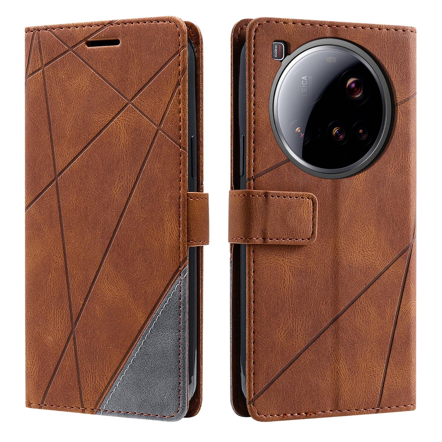

For Xiaomi 15 Ultra Case Imprinted Lines PU Leather Splicing Wallet Phone Cover with Wrist Strap Brown