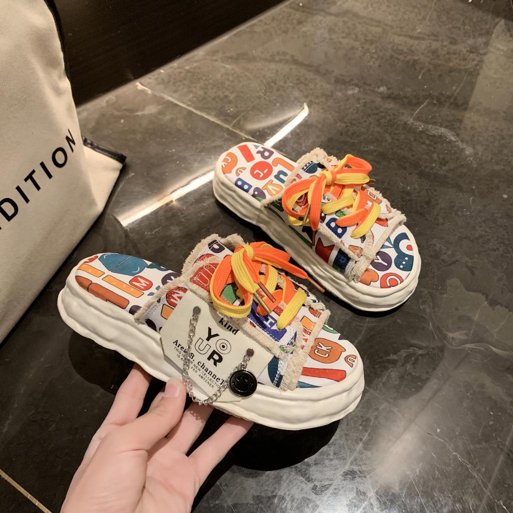 Hausschuhe Dicke Sohle Schuhe Hausschuhe Damen Mode Weich Flach Luxuriös Gummi Stoff Graffiti Kreuzriemen Hausschuh Damen