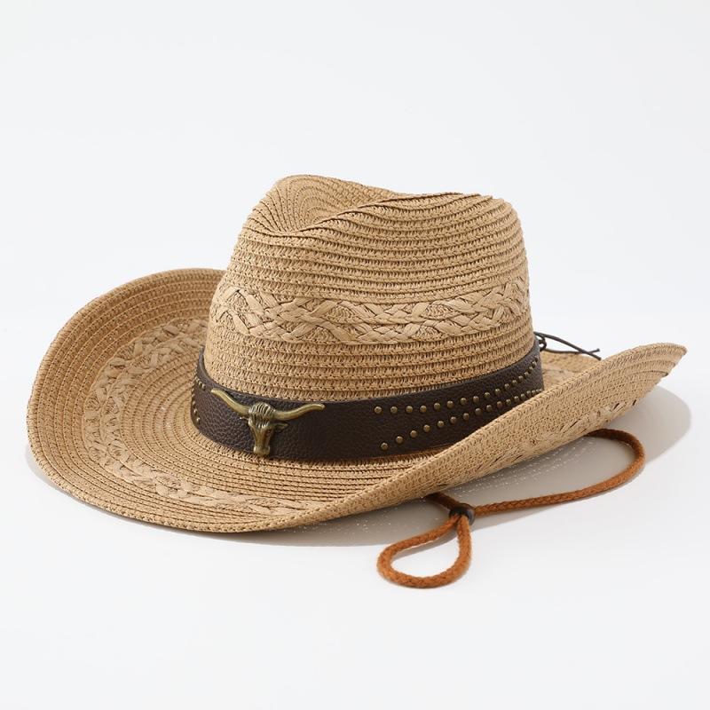 Ethnic style western cowboy straw hat women's summer outdoor mountaineering shading sun protection hat big head circumference big brim sun hat