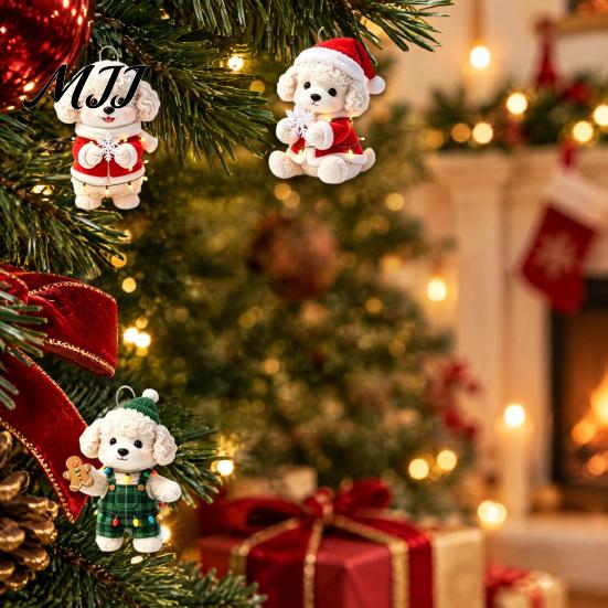 Holiday Animal Hanging Ornaments Christmas Dog Wooden Ornament, 2D Cartoon Puppy Kitten Decor with String, Tree Party Decoration Handmade Style