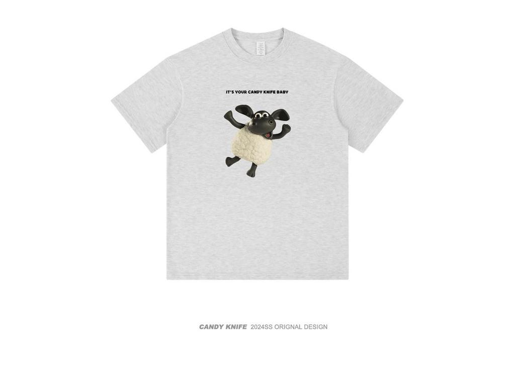 Trendy Oversized Cartoon Lamb Print Unisex T-Shirt - Round Neck, Short Sleeve