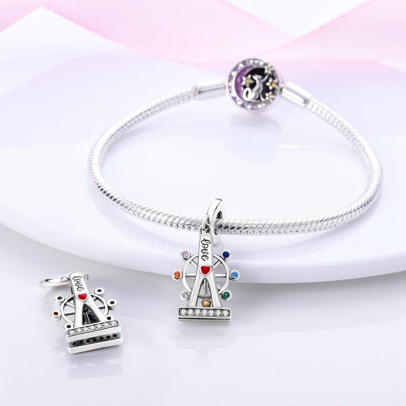 Charm Plata Colorful Zircon Love Ferris Wheel Bead Fits Genuine Bracelet Charm For Women Jewellery DoItYourself Crafting Gift
