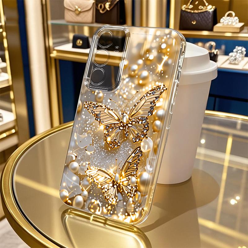 Goldener Schmetterling Diamantmuster Handyhülle für Samsung Galaxy S26 S25 S24 S23 S22 S21 S20 fe/plus/Ultra Anti-Drop Transparent