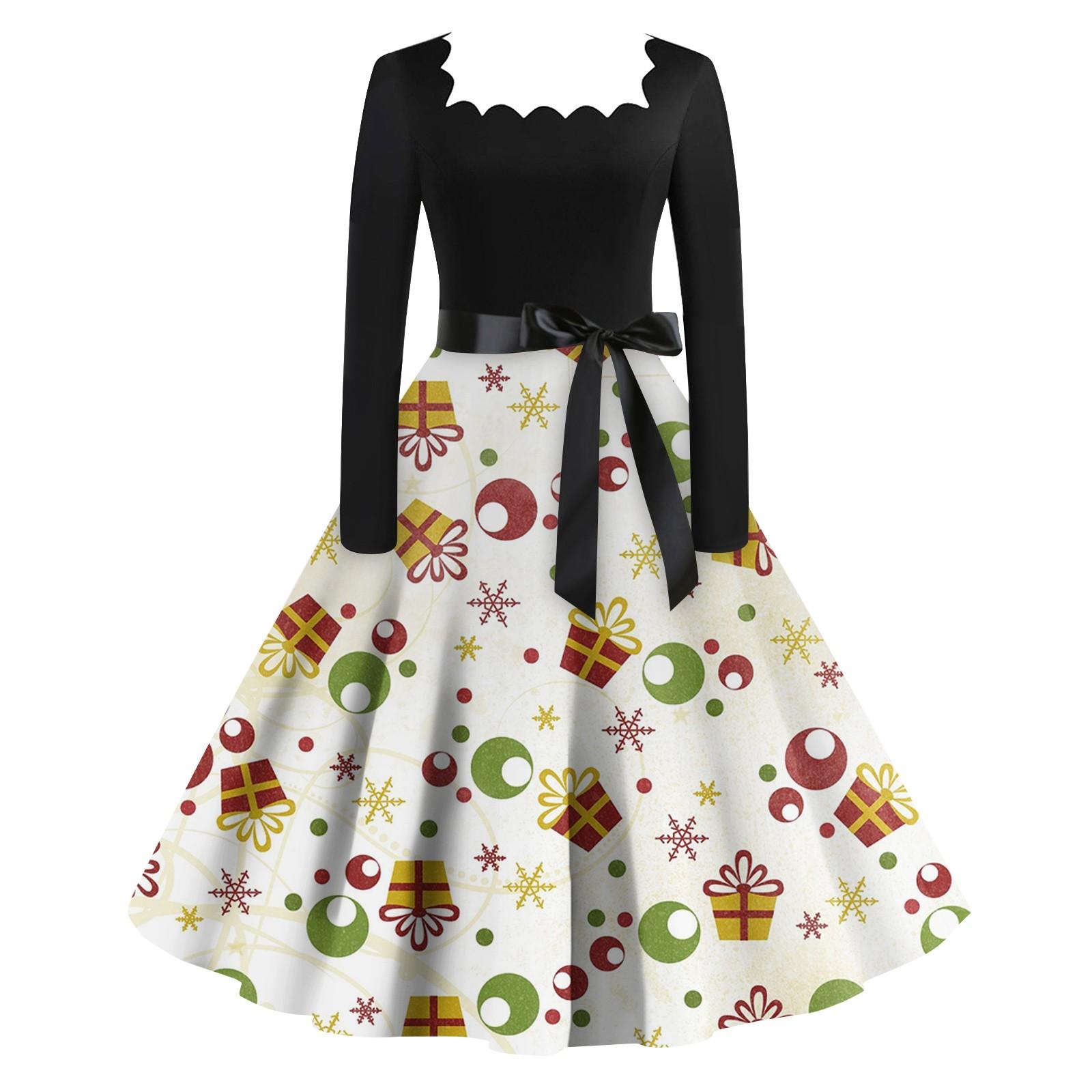 Женская мода винтаж с длинным рукавом квадратный вырез рождественский принт вечерние — фото 3