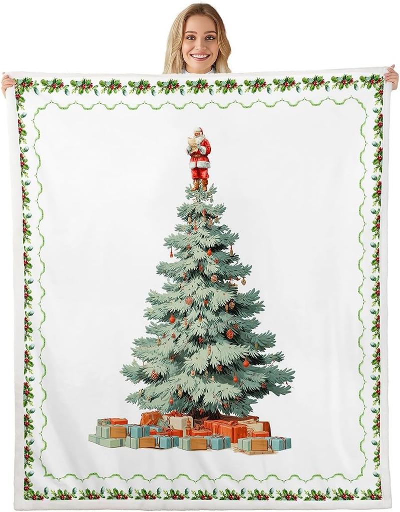 Christmas Throw Blanket Watercolor Red Truck Decor Fleece Blanket for Kids Teens Adults Green Xmas Trees Yellow Polka Dots Fuzzy