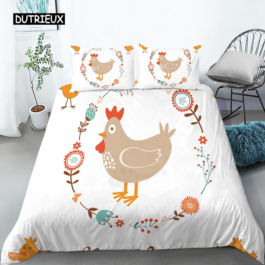 Chicken Animals King Queen Duvet Cover Lovely Cartoon Farm Chick Bedding Set Kids Girls Wildlife 2/3pcs Polyester Quilt Cover