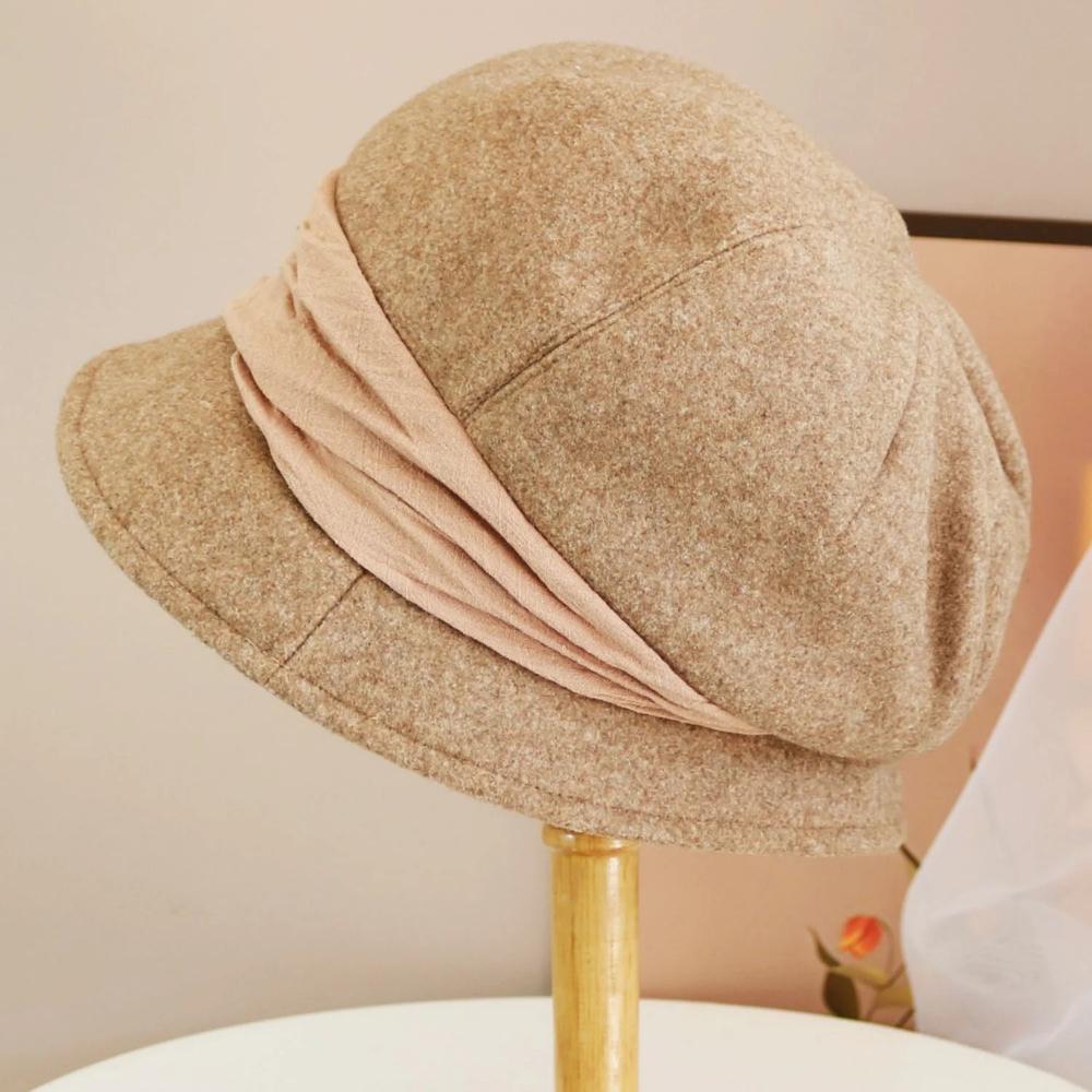 Hats for Women in Autumn and Winter Versatile Woolen Hats Japanese Retro Elegant Temperament Celebrity Fisherman Hat Warm Wide B