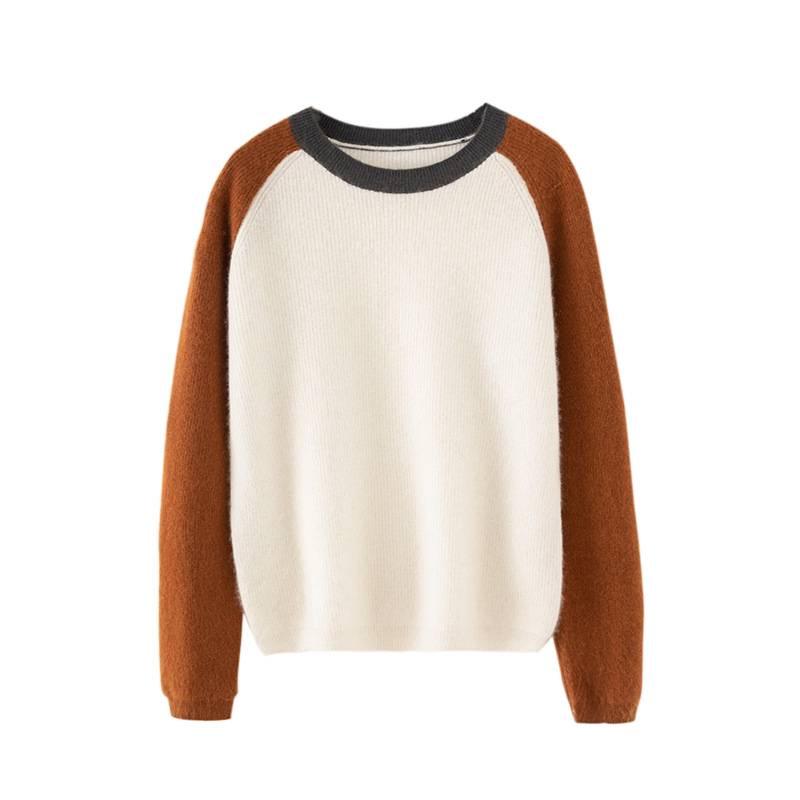 2025 Autumn/Winter Women's Color Block Cashmere Round Neck Loose Knit Sweater