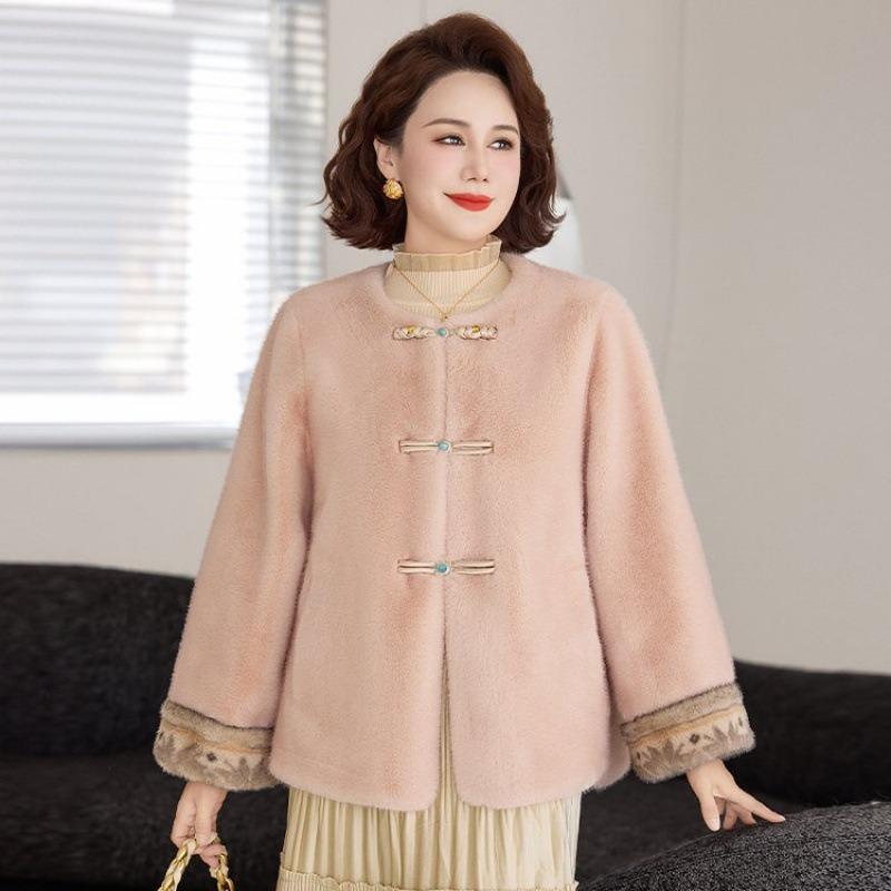 

Легкая зимняя одежда для мамы, универсальное толстое пальто, теплое, новое, для женщин среднего и пожилого возраста, осенне-зимний топ для мамы с интегрированным мехом 5XL [recommended 150-80kg] розовый