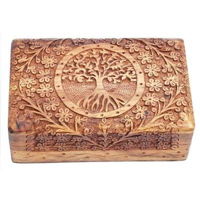 Handmade Wooden Jewellery Box for Women Wood Jewel Organiser Hand Carved with Tree Carvings Gift Items for Jewellery