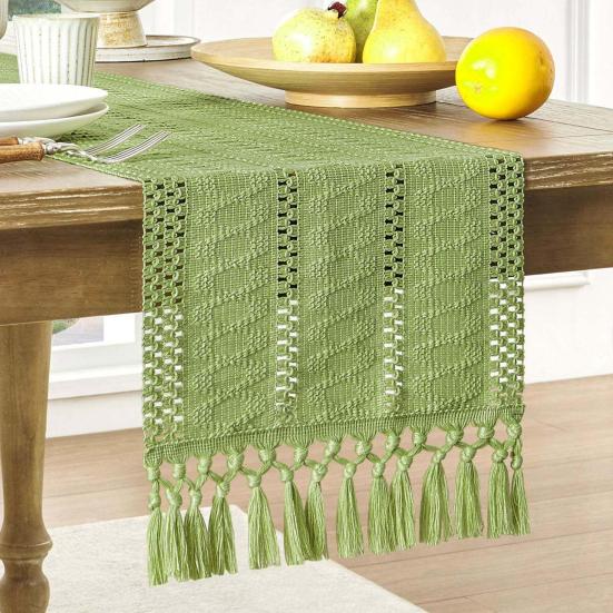Boho Knitted Table Runner Handmade Rustic Table Runner with Tassels Cotton Linen Farmhouse Table Runner for Dining Table Sideboard Dresser Decor
