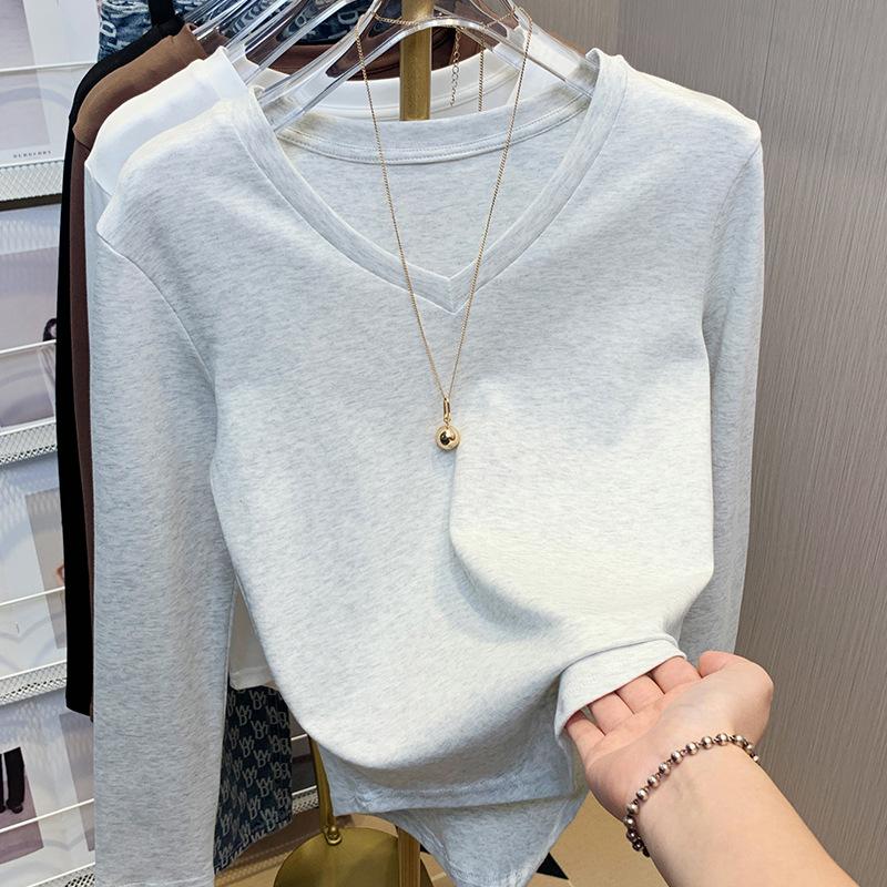 

Белая базовая рубашка с V-образным вырезом для женщин на весну и лето, футболка с длинными рукавами, новый облегающий крой и облегающий топ 2XL серый