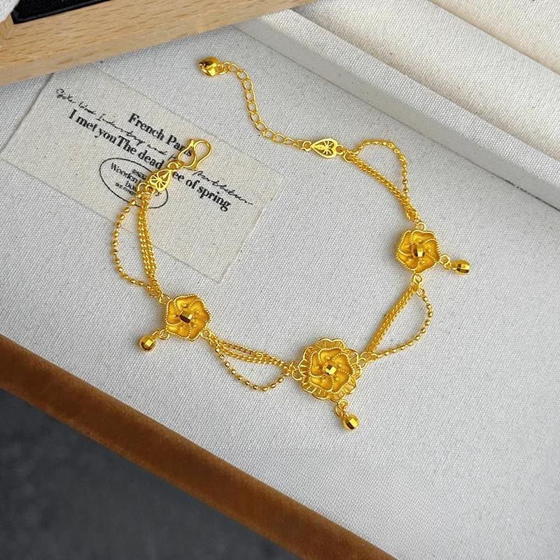New Chinese Style 24K Real Gold Camellia Double-layer Tassel Bracelet 9999 Thousand Sweet and Small Flower Hand Accessories золотой