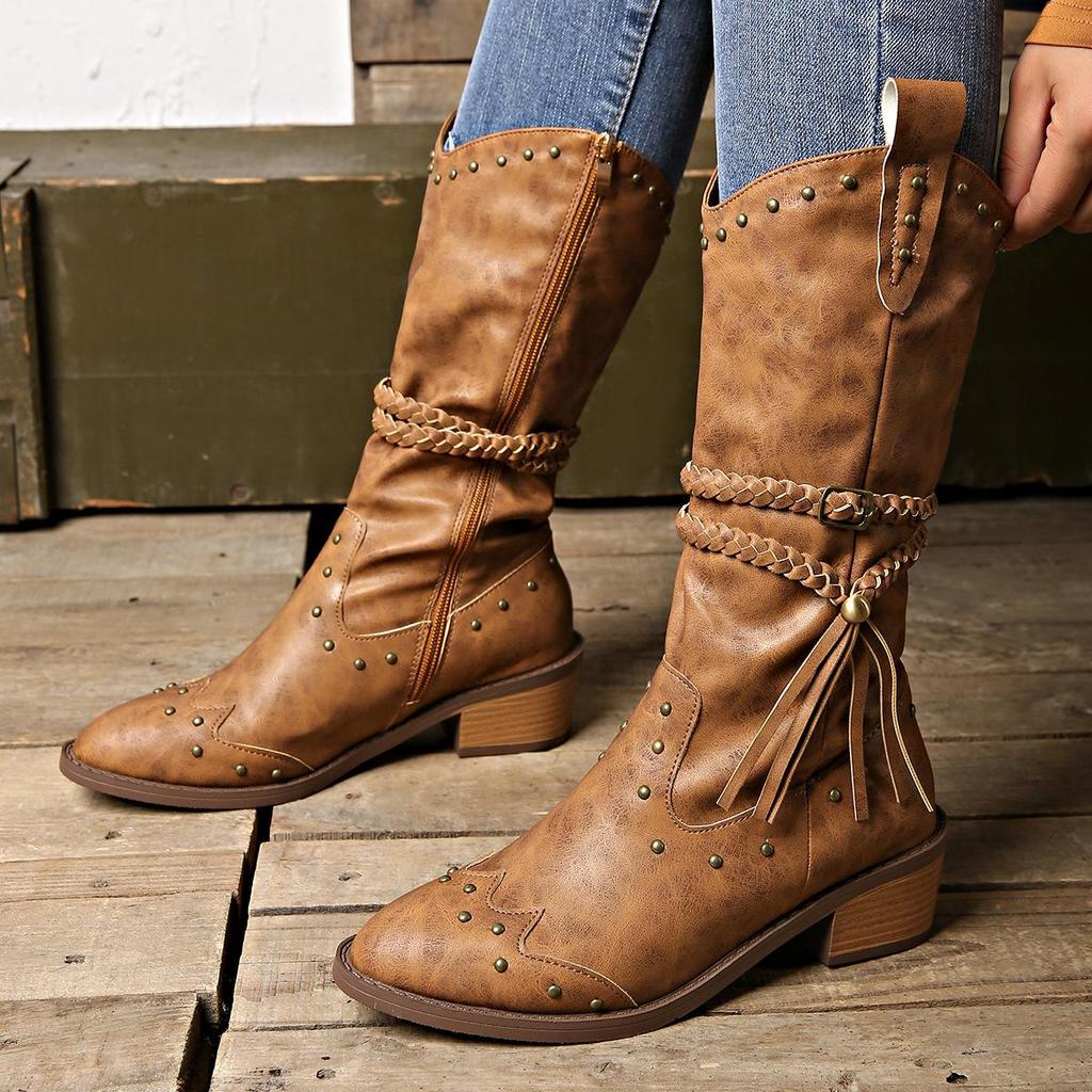 Herbst Winter Übergröße Damen PU Nieten Gürtelschnalle Martin Stiefel Bequem Warm Scharf Spitz Quaste Mid-Calf Stiefel Schuhe 36-42
