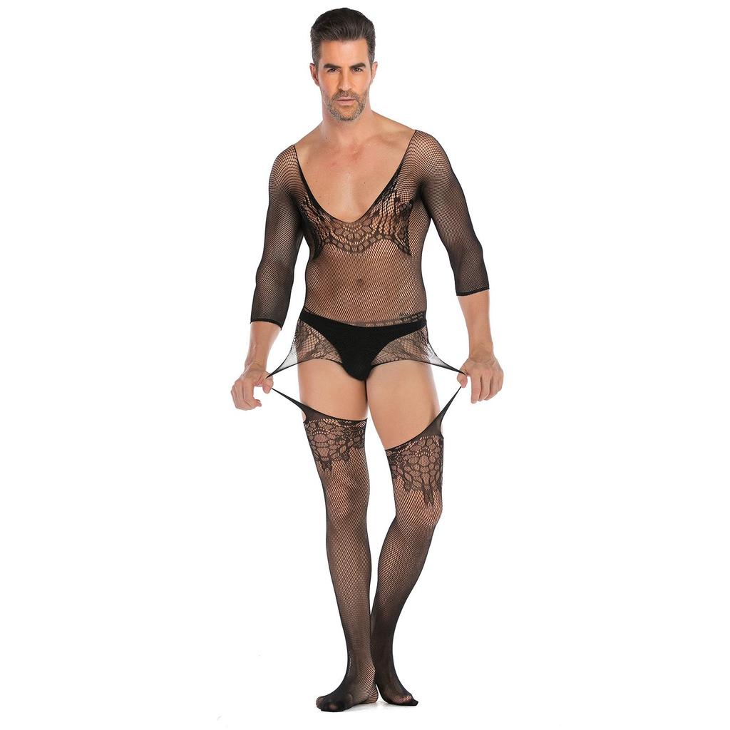 Men's Plus Size Open Crotch Fishnet Bodysuit Temptation Costume Set