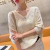 Women's's Thin Spring Loose Bat Shirt Short Top V-neck Hook Flower Hollow Knitted Sweate Crocheted Hollow Knitted Three-quarter Sleeve Blouse